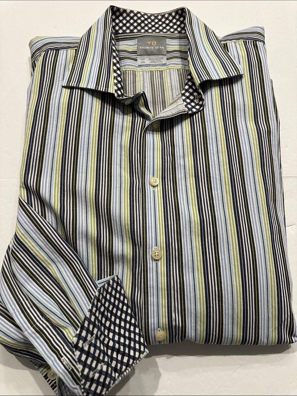 Thomas Dean Striped Button-Down Shirt - Blue, Green, White with Flip cuff XXL